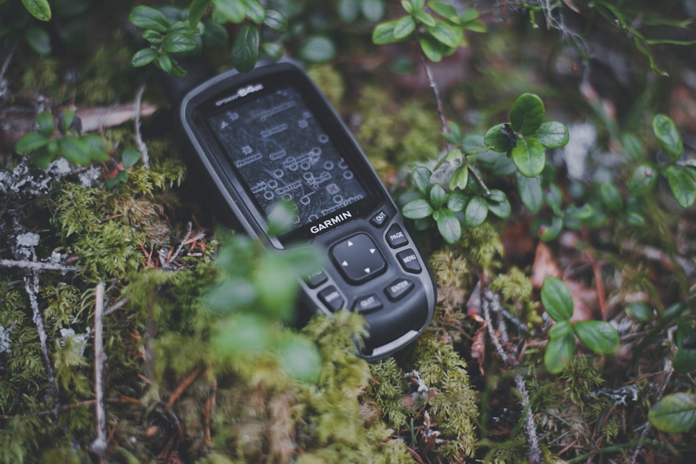 un téléphone portable posé sur un sol recouvert de mousse