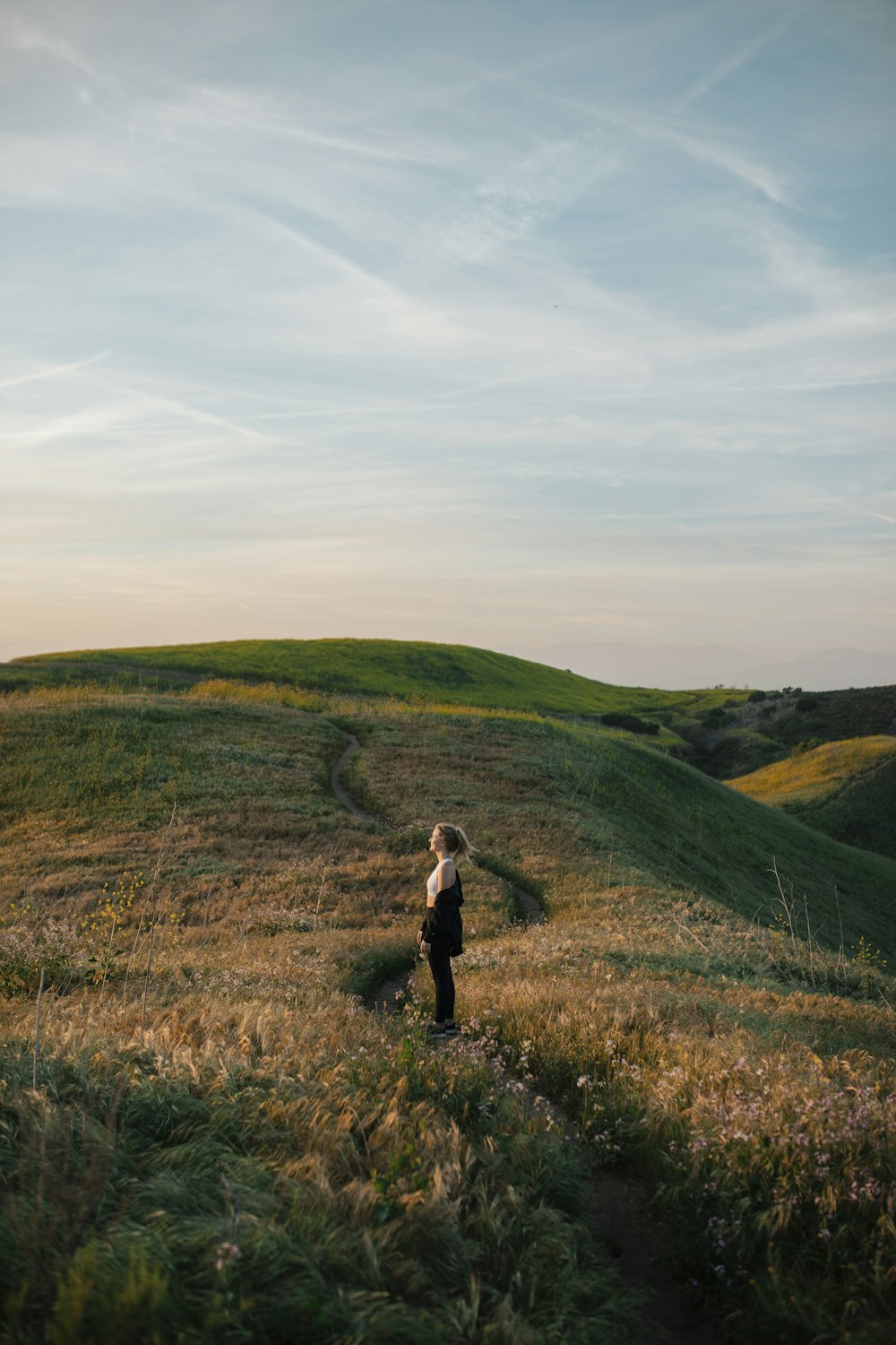 a person standing in a field of grass