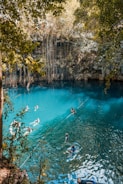 A natural cenote surrounded by lush greenery, with crystal clear blue water. Several swimmers are enjoying the water, with jungle vines cascading down the rock walls. The area is abundant with foliage, creating a serene and inviting environment.