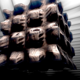 A complex geometric structure composed of interlocking cube-like shapes with intricate, organic patterns on the surface. The object has a glossy finish with a mix of shadow and light, creating a three-dimensional effect. The background consists of parallel, layered lines in a subdued color palette.