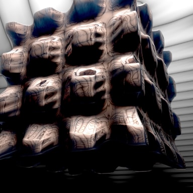 A complex geometric structure composed of interlocking cube-like shapes with intricate, organic patterns on the surface. The object has a glossy finish with a mix of shadow and light, creating a three-dimensional effect. The background consists of parallel, layered lines in a subdued color palette.