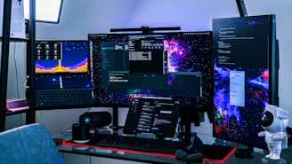A sleek workspace featuring multiple screens displaying cosmology simulations and quantum black hole visuals.