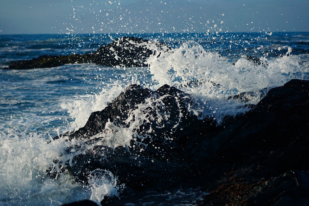 a wave crashes on a rock in the ocean