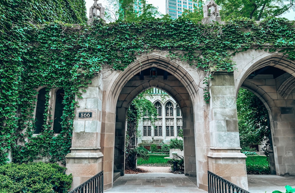 an archway with ivy growing on the side of it