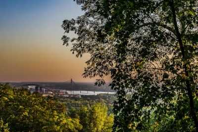 Laxman Jhula bridge framed by vibrant foliage and clear blue skies.