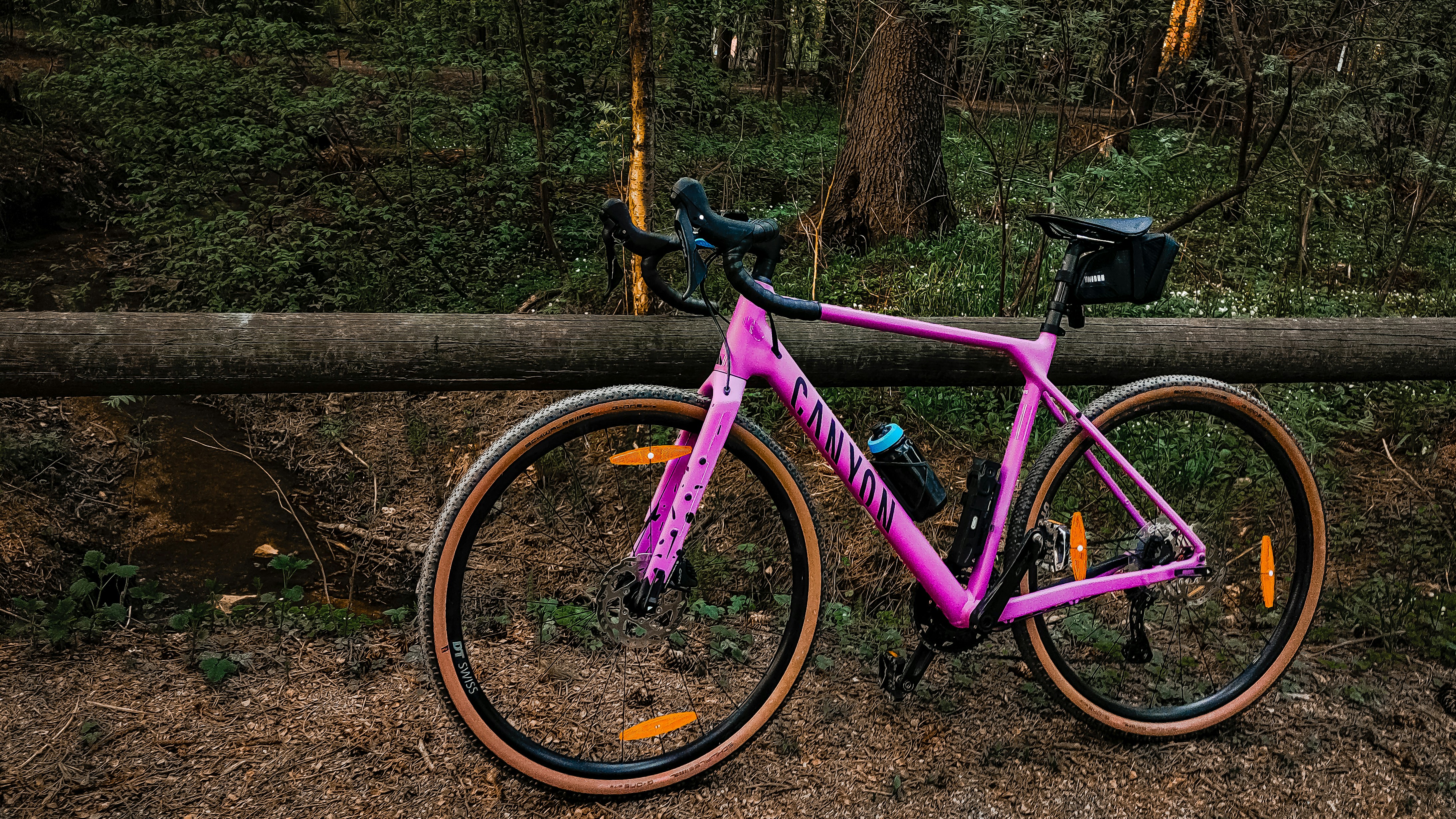 Ein rosa Fahrrad parkt neben einem Baumstamm im Wald