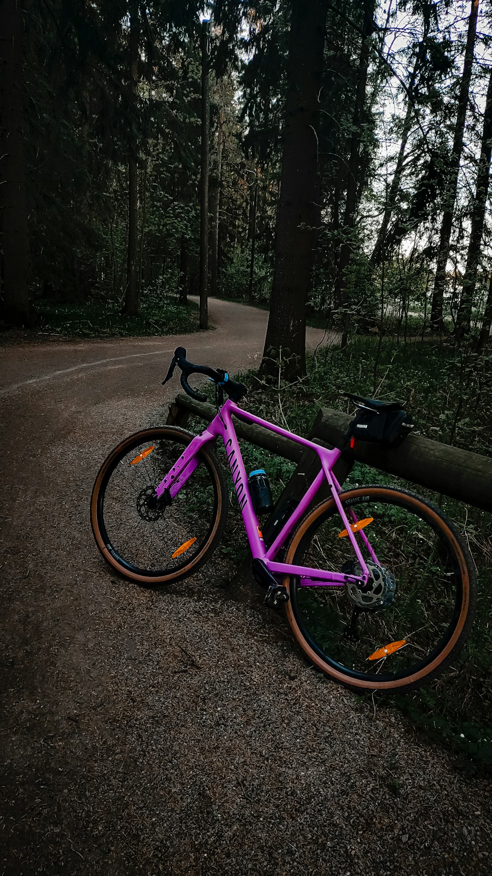 a purple bike parked on the side of a road