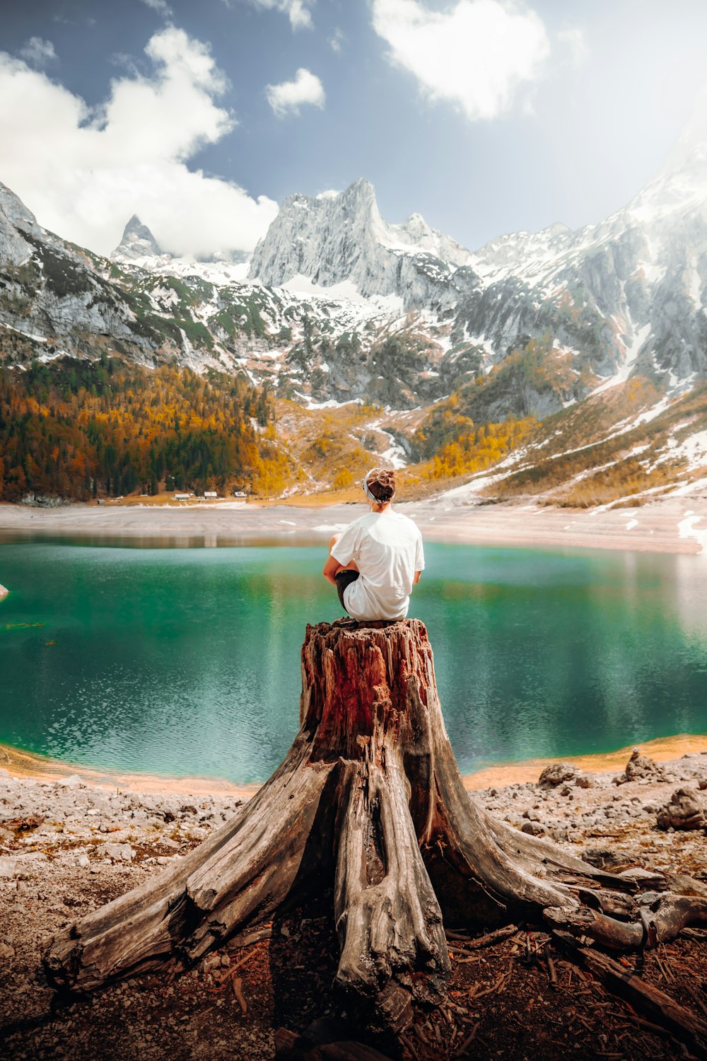 a man sitting on top of a tree stump next to a lake