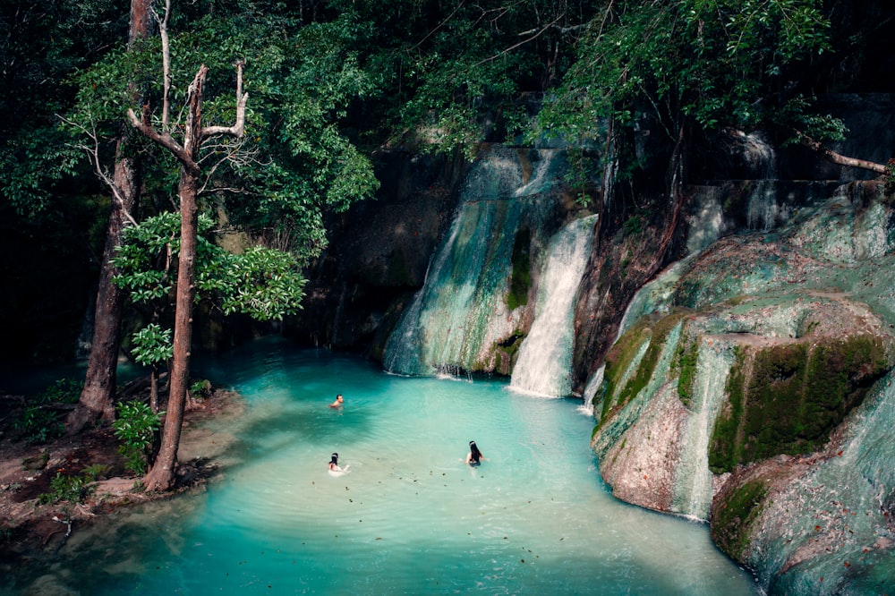 a group of people standing in a river next to a waterfall