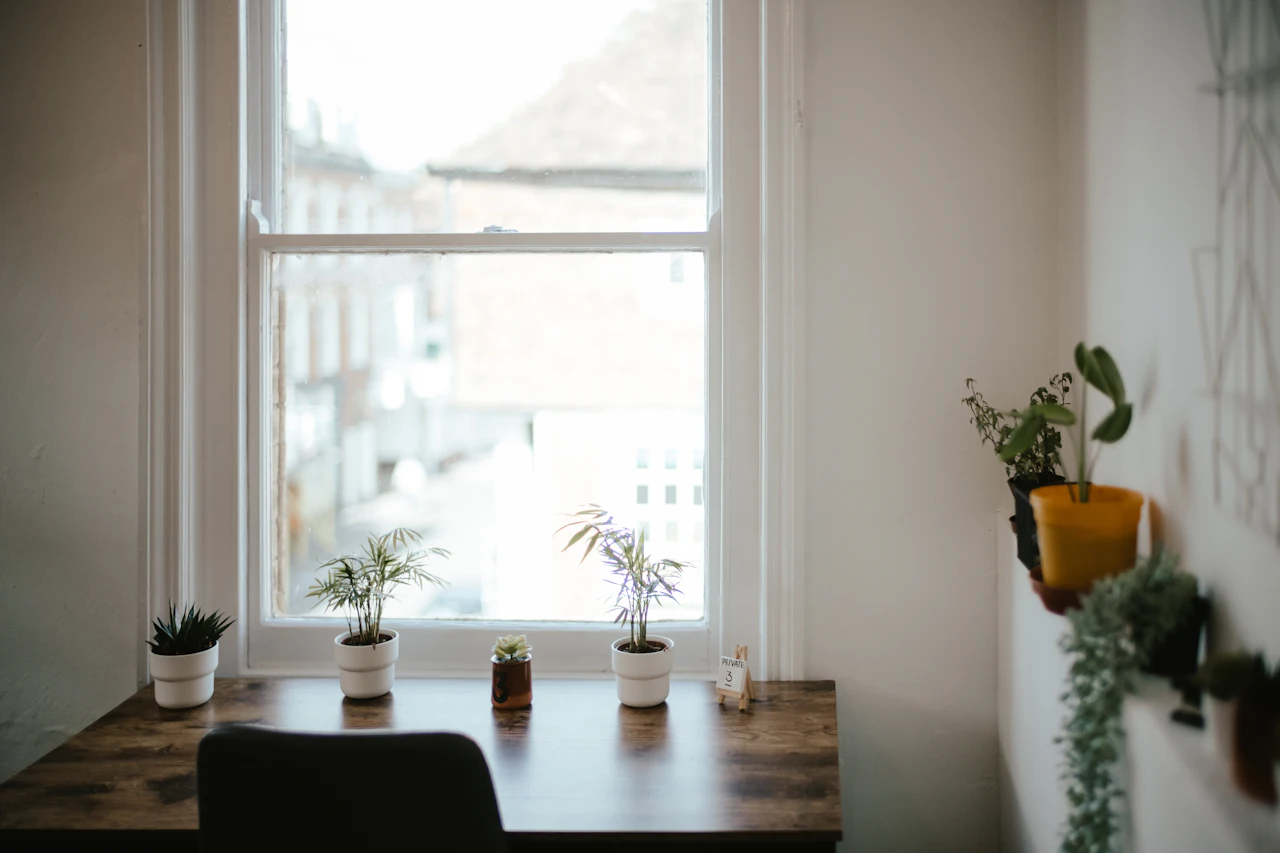 A simple desk and chair with a potted plant in window light