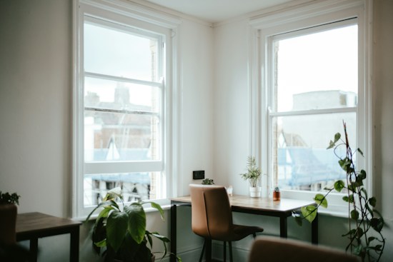 A calm interior corner features two large, bright windows. A small table with a beige chair is surrounded by various green plants in pots. The soft light creates a soothing atmosphere.