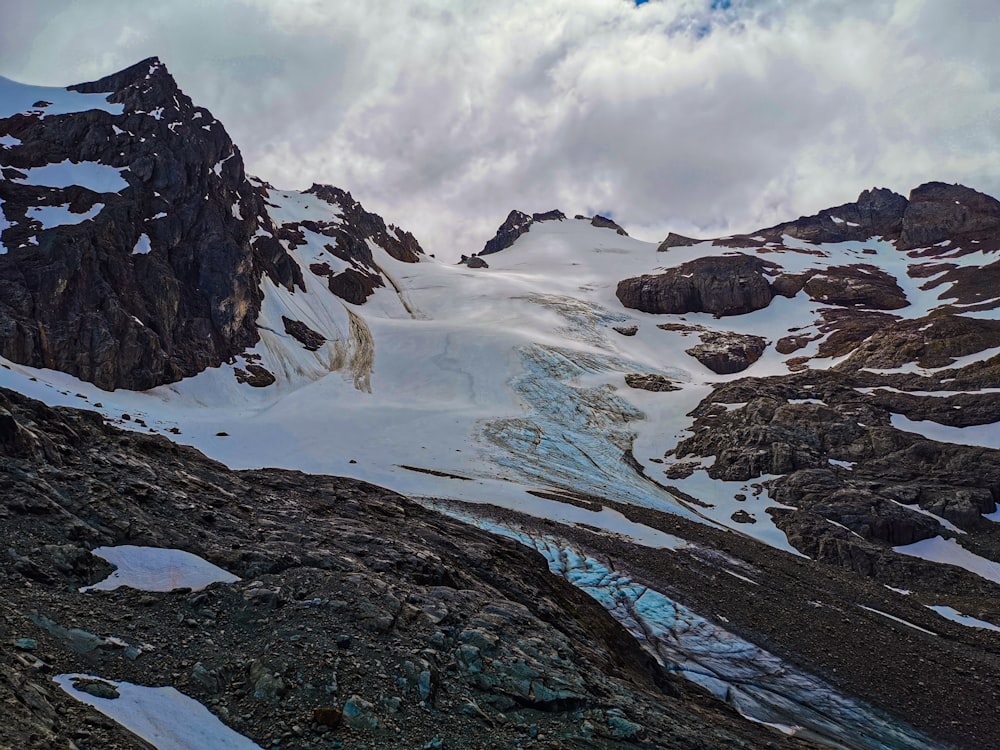 a snow covered mountain with a glacier in the foreground