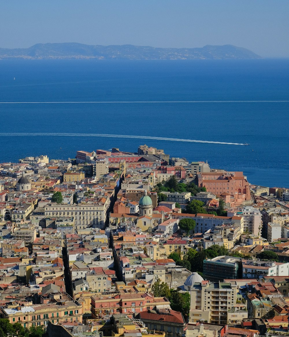 a view of a city with a body of water in the background