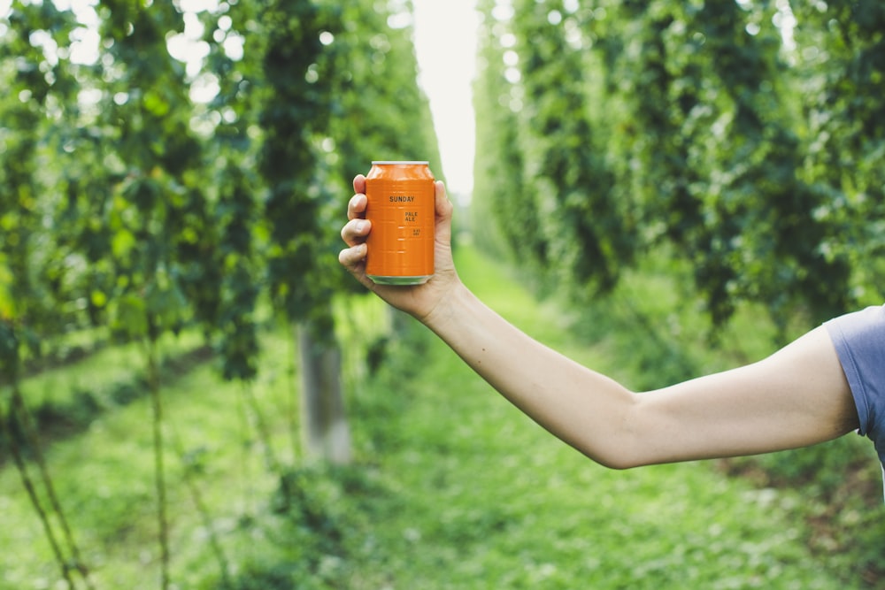 a person holding a can of orange juice