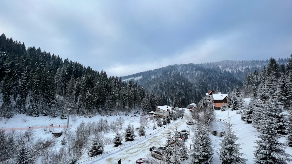 uma montanha coberta de neve com uma casa à distância