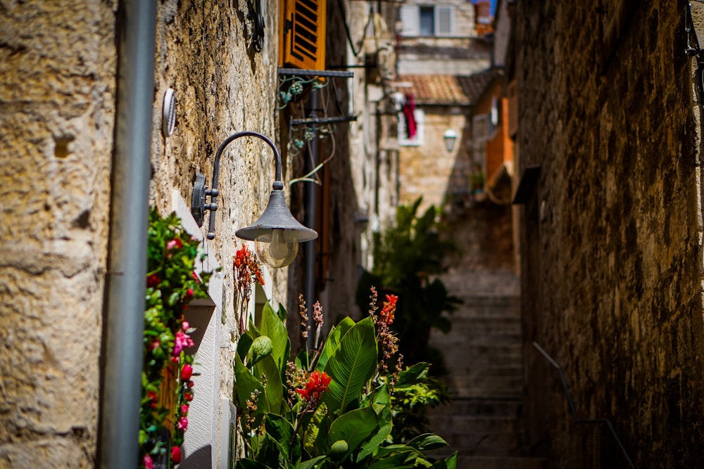 a narrow alleyway with flowers and a lamp