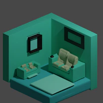Isometric floor plan of a modern home highlighting the living room with colorful domotic icons.