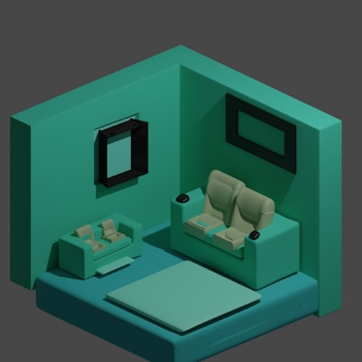 A stylized, isometric room featuring a minimalist design with two armchairs facing forward, mounted on a teal platform within a corner of the room. Adjacent to the chairs is a small sofa with two cushions. The walls have rectangular frames, and the overall aesthetic is modern with a monochromatic color scheme.