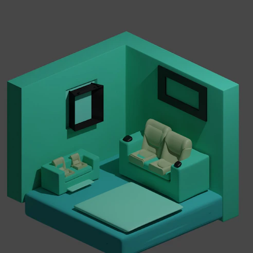 Isometric floor plan of a modern home highlighting the living room with colorful domotic icons.