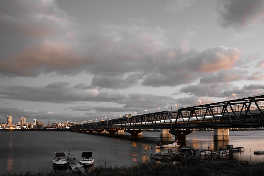 a black and white photo of a bridge over a body of water