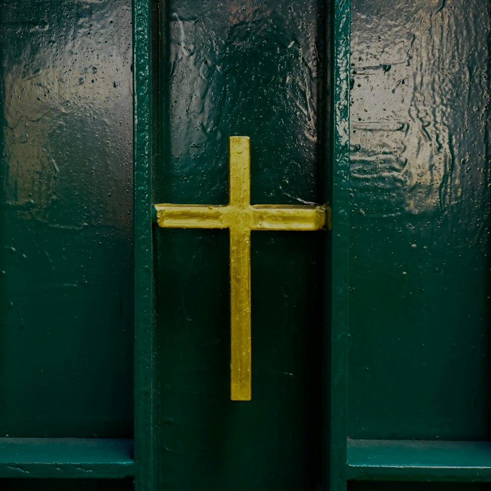 a close up of a green door