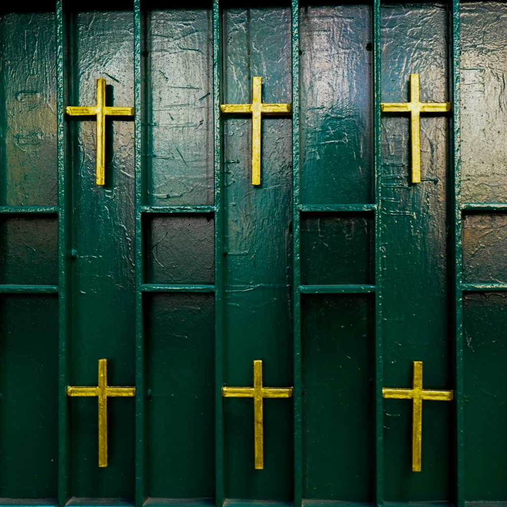 a close up of a blue door