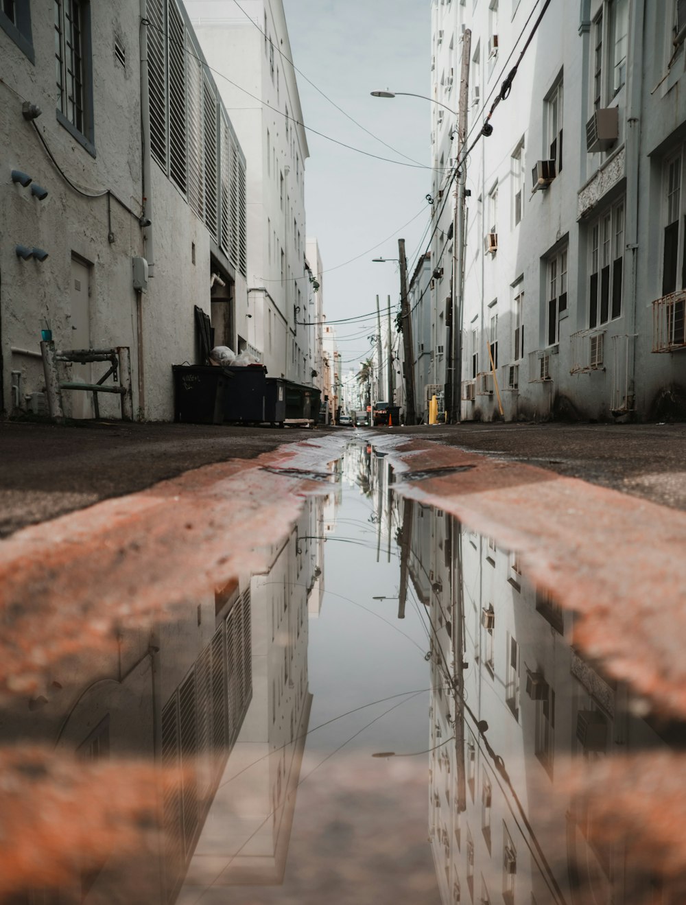 a reflection of a building in a puddle of water