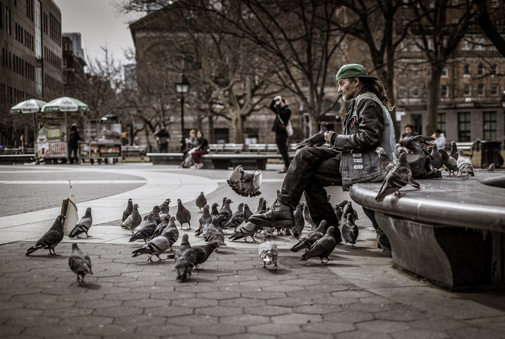 a man sitting on a bench surrounded by pigeons