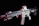 A modern rifle with a sleek design is set against a dark background. The gun features various attachments, including an optical sight on top and a flashlight mounted on the side. Metallic surfaces are highlighted with shades of red, adding contrast and depth to the appearance.
