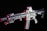 A modern rifle with a sleek design is set against a dark background. The gun features various attachments, including an optical sight on top and a flashlight mounted on the side. Metallic surfaces are highlighted with shades of red, adding contrast and depth to the appearance.