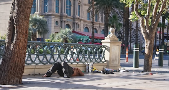 A person is lying on the ground near a decorative railing in an outdoor urban setting. The scene is framed by trees, with a large building and palm trees visible in the background. There are scattered belongings and debris around the individual on the pavement.