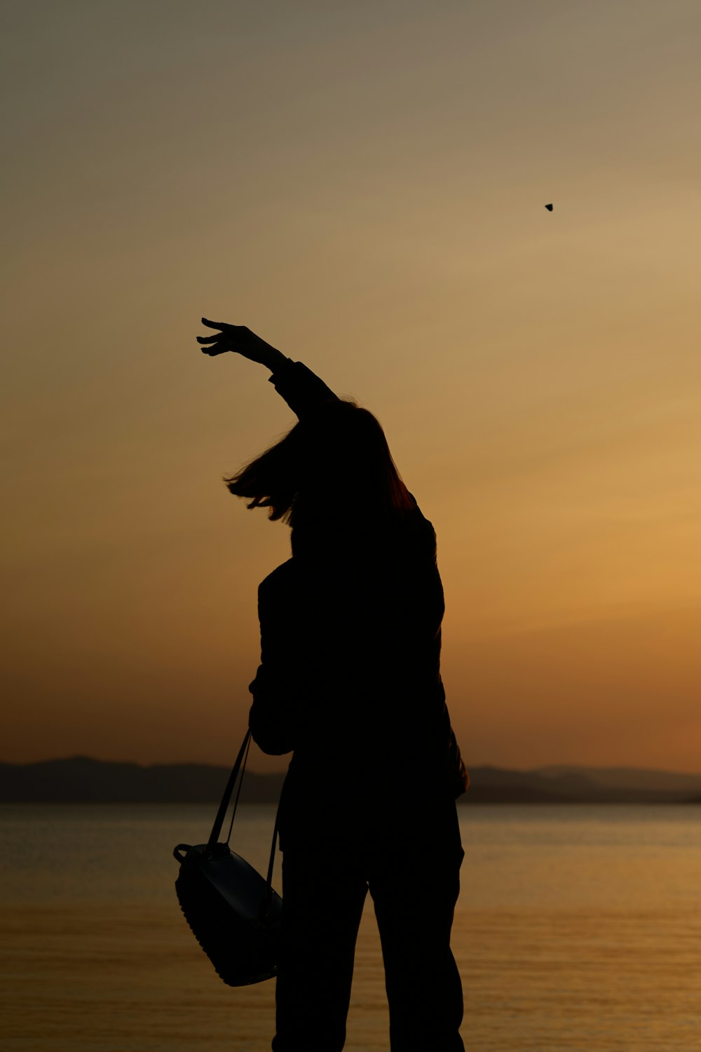 a silhouette of a person with their hand in the air