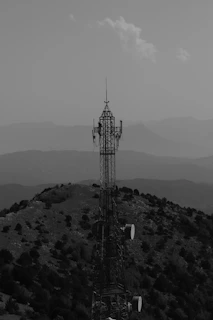 a black and white photo of a cell phone tower