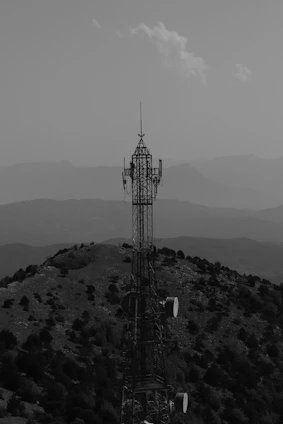 a black and white photo of a cell phone tower