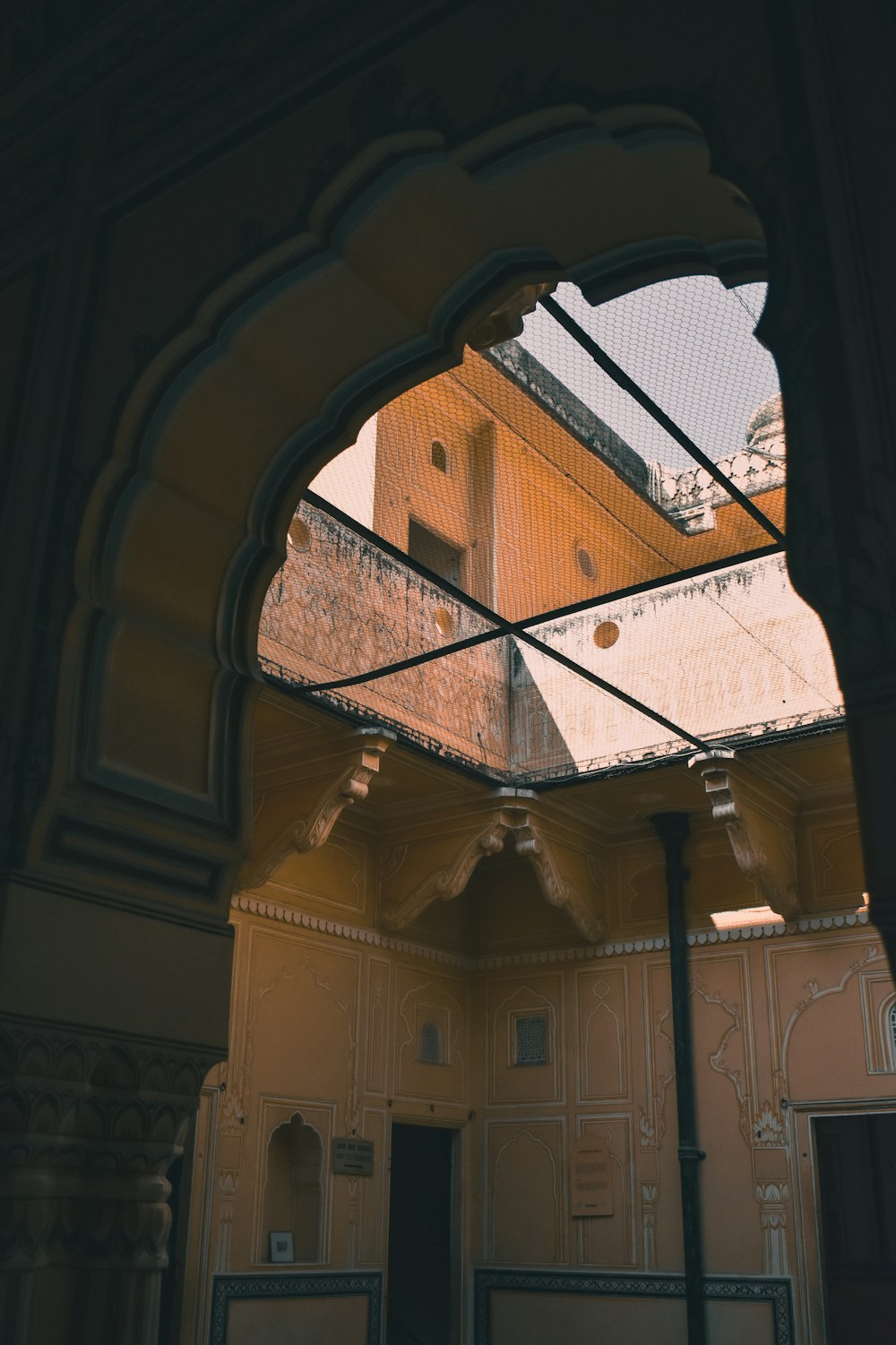 a view of a building through an archway