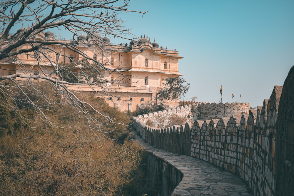 a stone path leading to a castle like building