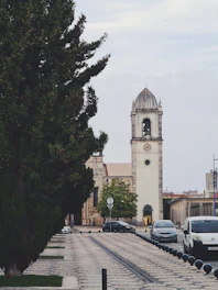 a clock tower towering over a city street