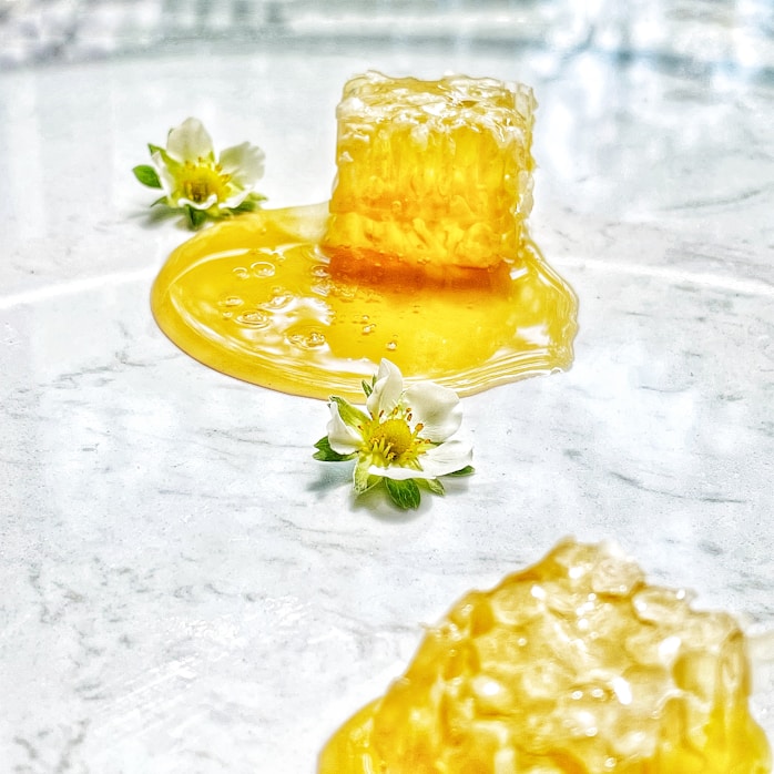a close up of a piece of honey on a table
