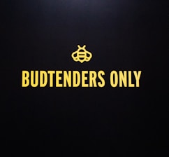 Dark background featuring the phrase 'BUDTENDERS ONLY' in large yellow capital letters. Above the text is a simple stylized bee logo.