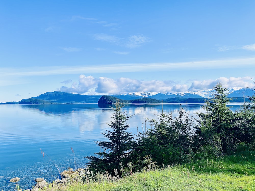 a scenic view of a lake with mountains in the background