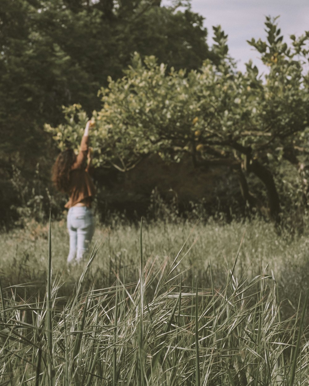 a woman standing in a field with a frisbee in her hand