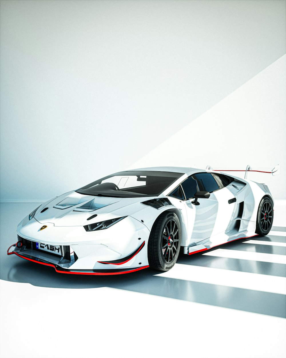 a white sports car with a red stripe on the side