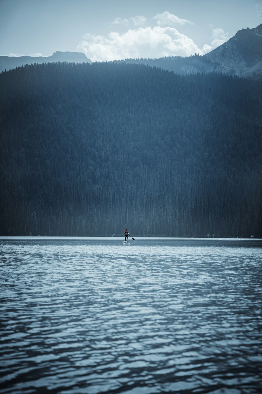 a person on a surfboard in the middle of a lake