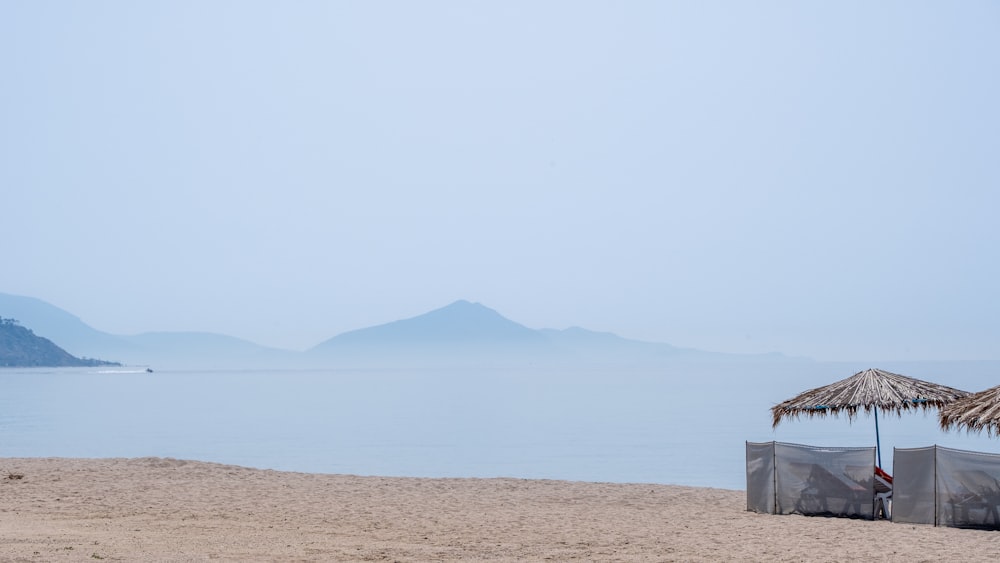 a couple of umbrellas sitting on top of a sandy beach