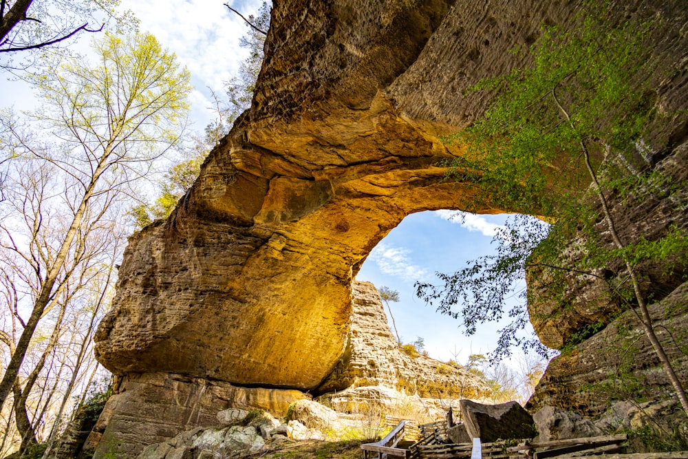 a large rock formation with a stone staircase leading up to it