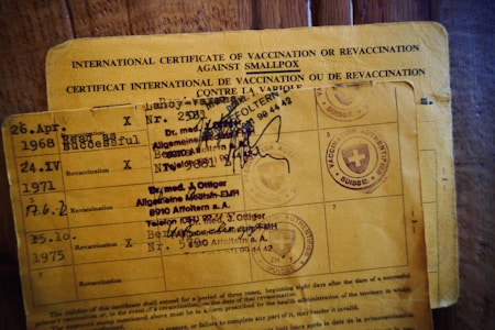 Two yellow vaccination certificates with printed and handwritten details. The documents are related to smallpox vaccination and revaccination, featuring several dates, stamps, and signatures. The surface shows signs of wear, and the text is in multiple languages, including English and French.