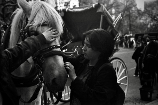 A person gently pats a horse that is part of a carriage setup. The scene takes place on a street with additional carriages visible in the background. The setting appears calm and intimate, captured in black and white.