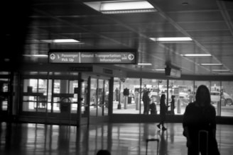 A black and white photo of an airport terminal with a sign directing to Passenger Pick Up, Ground Transportation, and Information. Silhouettes of people with luggage are visible inside the terminal. Outside, through large glass windows, parked vehicles and more people can be seen.