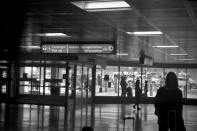 A black and white photo of an airport terminal with a sign directing to Passenger Pick Up, Ground Transportation, and Information. Silhouettes of people with luggage are visible inside the terminal. Outside, through large glass windows, parked vehicles and more people can be seen.