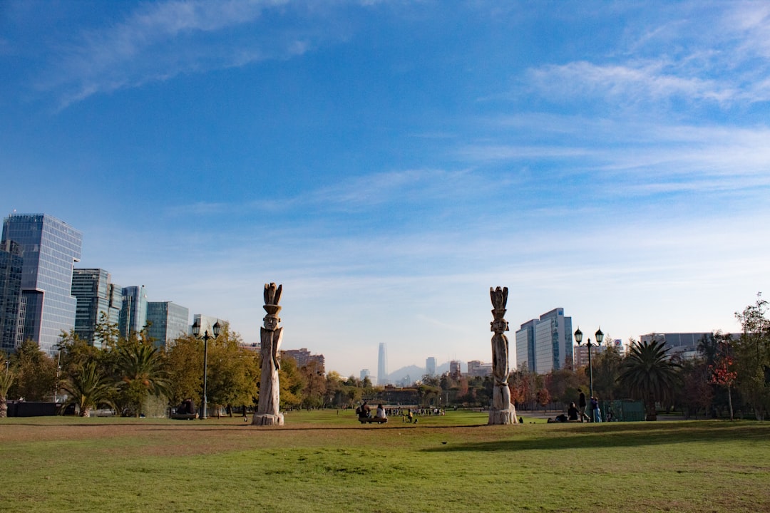 a park with a lot of tall buildings in the background,